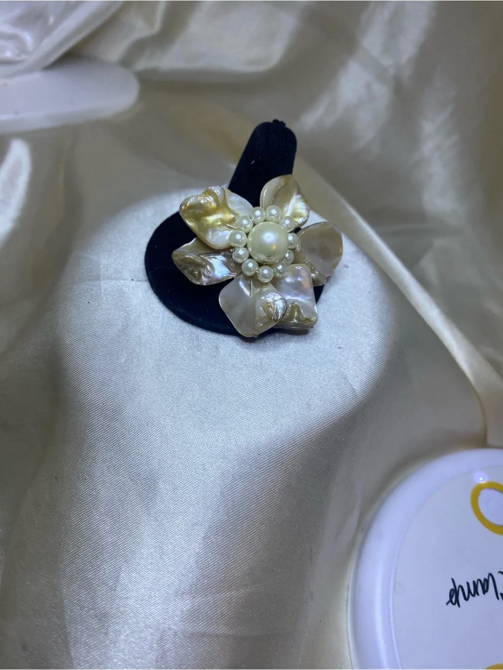 Vintage Mother-of-Pearl Flower Statement Ring with Faux Pearl Cluster
